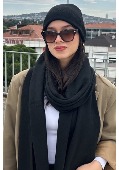 Mollycrush Kadın Kışlık Siyah Atkı Bere Seti Şık Örgü Set Siyah