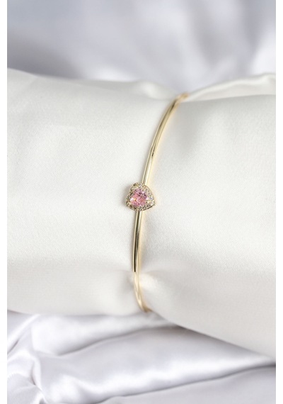 Pembe Zirkon Taşlı Kalp Model Gold Renk Kadın Bileklik - Pembe
