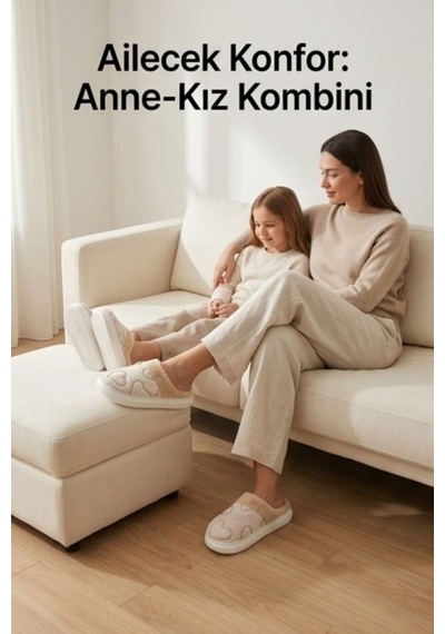Unisex Ultra Hafif Yumuşak Peluş Kaymaz Taban Anne Çocuk Misafir Bej Kalp Desenli Ev Terliği 5808 Unisex Ultra Hafif Yumuşak Peluş Kaymaz Taban Anne Çocuk Misafir Bej Kalp Desenli Ev Terliği 5808