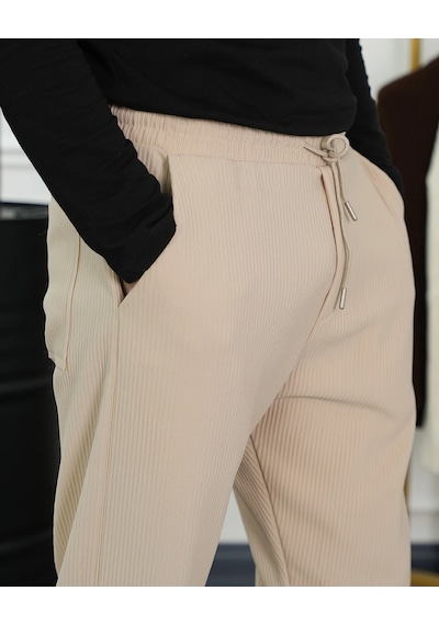 Modefendi Kalın Fitil Desen Jogger Pantolon Krem