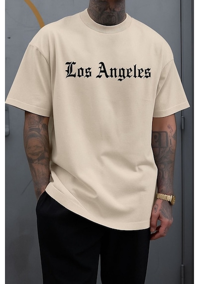 Los Anfgelesbaskılı Unisex Tshırt Q5 Bej
