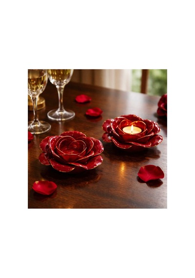 Kırmızı Gül Şeklinde Mumluk 2 Li Set Romantik Dekoratif Tealight Mumluk Seti Kırmızı