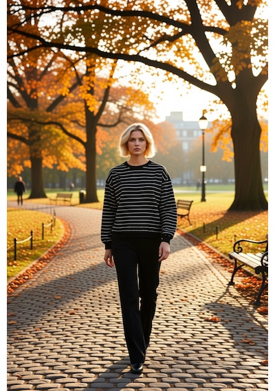 Benerly Kadın Bisiklet Yaka Düşük Kol Çizgili Regular Örme Sweatshirt Fon siyah