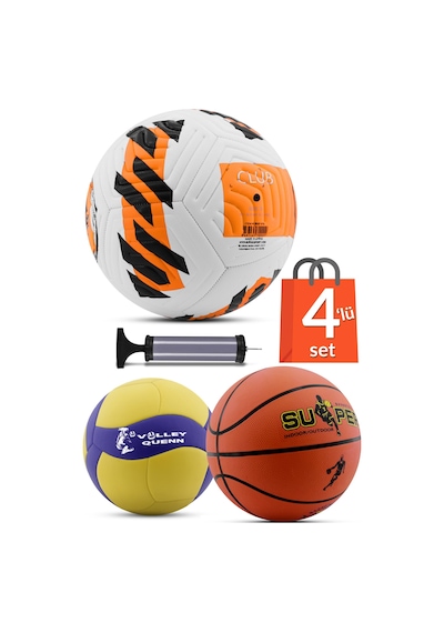 4'LÜ SET Basketbol Voleybol Sert Zemin Futbol Topu Top Şişirme Pompası Seti Turuncu-018 Çok Renkli