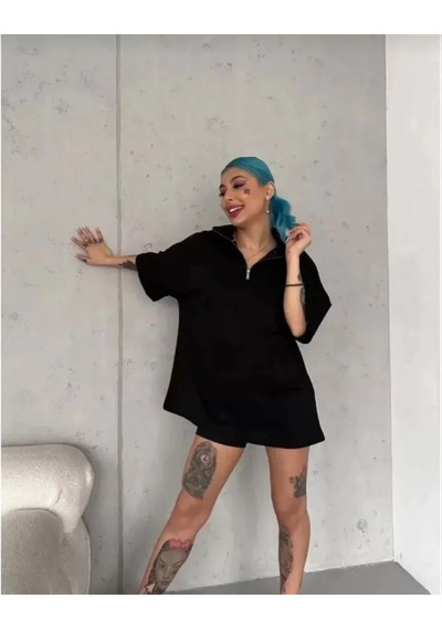 Soonaksesuar Unisex Yarım Fermuarlı Düz Oversize T-shirt - Siyah SIYAH