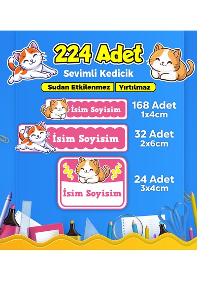 Sevimli Kedi Temalı Okul Kreş Kişiye Özel İsim Etiket Seti - Model 371 Çok Renkli