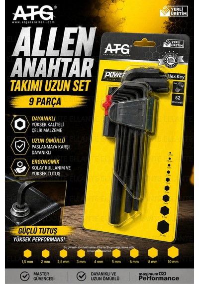 Atg Alyan Anahtar Takımı Uzun Set 9 Parça 1.5-10 Mm Alyan Seti 52 Hrc Çelik Profesyonel El Aleti