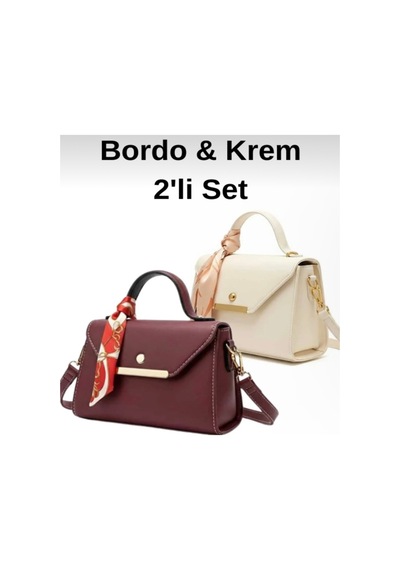 Arvelia Bordo,krem 2 Li Paket Suni Deri Fular Detaylı El Ve Omuz Çantası Gümüş Gümüş