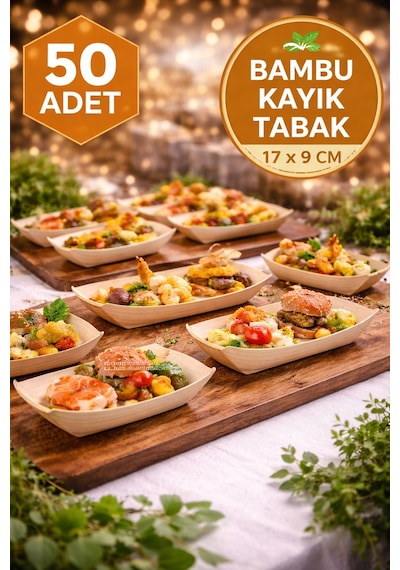 50'li Pkt Büyük Bambu Kayık Tadım Tabağı 17x9 Cm Kokteyl Sunum Tabağı Catering Parti Servis Tabak