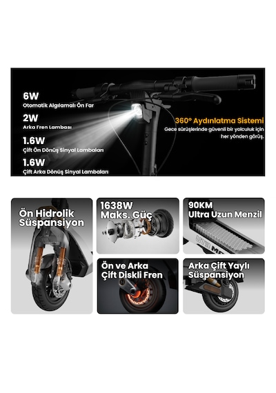 Navee Ut3 Max Elektrikli Scooter - 1638w Güç, 28 Eğim, 130 Kg Taşıma Kapasitesi, Tcs, Find My Siyah
