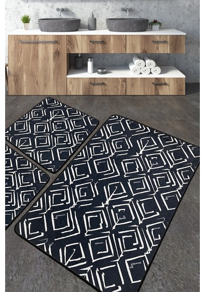 Cenero Banyo Halısı Djt 3 Lü Set Banyo Halısı Paspas Yıkanabilir Kaymaz Beyaz - Siyah