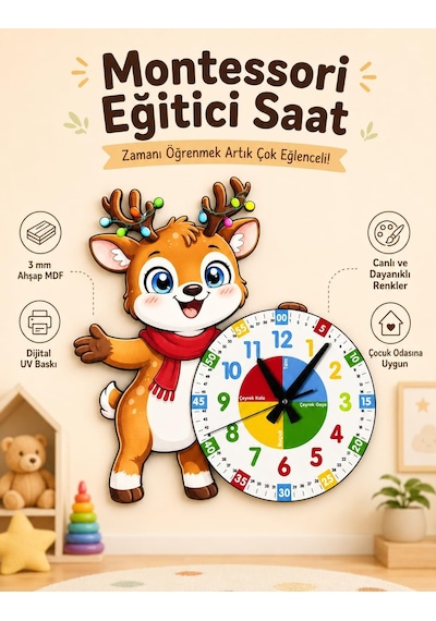 Sevimli Geyik Montessori Çocuk Odası Eğitici Ahşap Duvar Saati - Sessiz Mekanizma, Şık Tasarım Saat