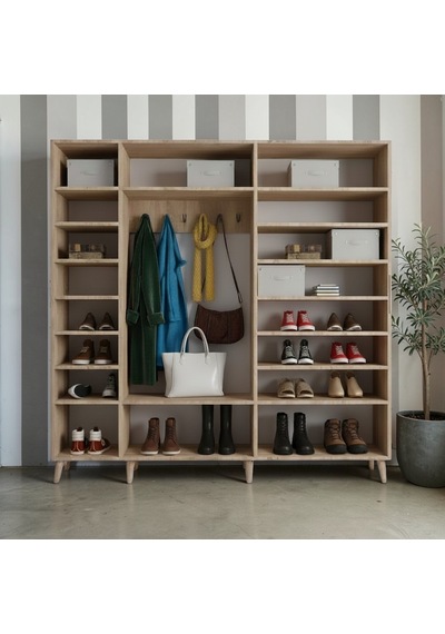 Alara Tamamı Mdf Aynalı Portmanto Vestiyer Ayakkabılık Meşe 200 Cm - M12