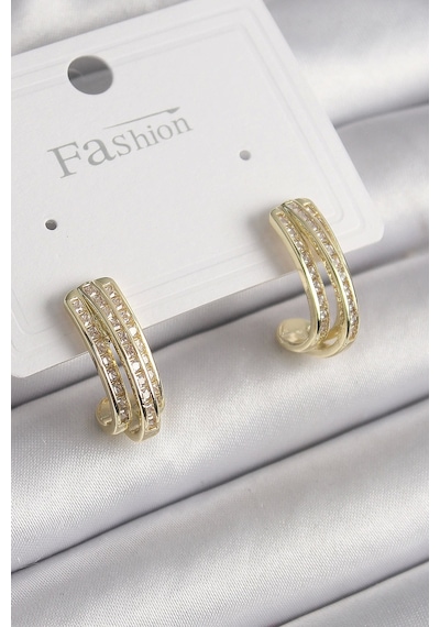 Pirinç Gold Renk Zirkon Taşlı Yarım Halka Model Kadın Küpe