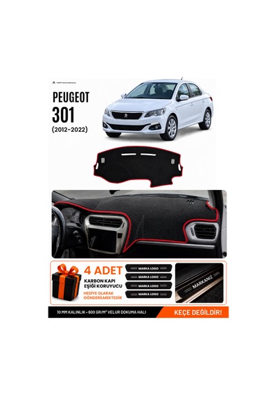 Peugeot 301 2012-2022 Uyumlu Torpido Örtüsü, Torpido Kılıfı - Siyah-kırmızı - Pe007