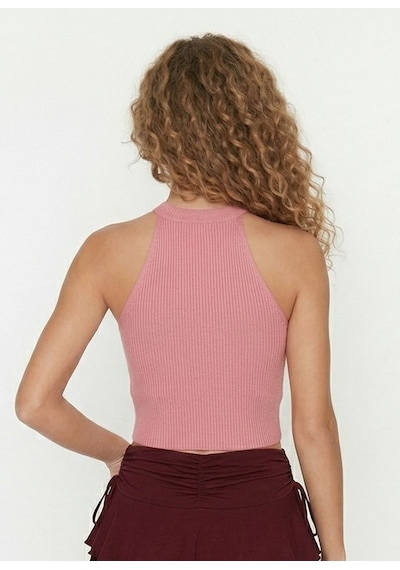 Neden Tekstil Kadın Fitilli Halter Yaka Crop Bluz - Pembe