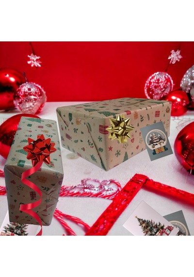 İtalyan Hediye Paketleme Kağıdı, Kraft Ev, Çam, Çiçek Desenli Amb