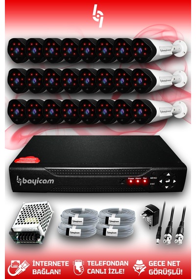 Bayicam 24 Kameralı Uzay 24 Dış Kamera Set HDD'siz Full HD Gece Görüşlü Güvenlik Kamerası Sistemi