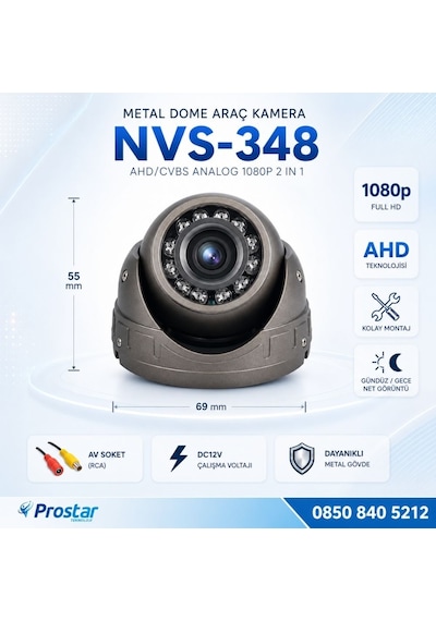 Mikrofonlu Ahd 1080p/analog Cvbs Pal Araç İçi Metal Dome Kamera Rca Sarı Soketli, Ir Gece Görüşlü
