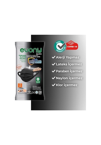 Evony Siyah Yumuşak Elastik Kulaklı Cerrahi Maske 10'Lu