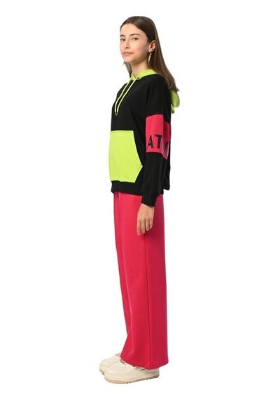 Kız Çocuk Kapüşonlu Neon Renk Bloklu Tasarım Sweatshirt-13397-siyah Siyah