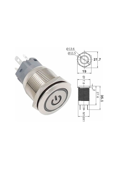 16mm Metal Panel Montaj Düz Kafa Latch Buton No Nc Power Sembol Led Işıkl Dc 6a-12v Ac 3a 250v Ip67