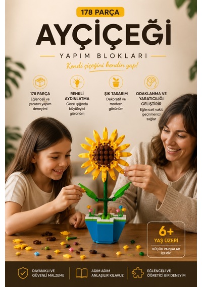 Ayçiçeği Yapım Blokları 178 Parça Led Işıklı Dekoratif Yapboz Çiçek Seti 6+ Yaş