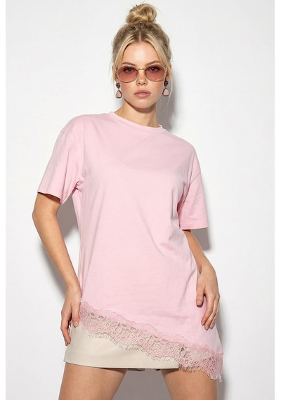 Shade Kadın Dantel Detaylı Asimetrik Kesim Kısa Kollu T-shirt 1078 60286069 - Pembe