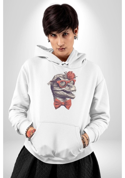 Kırmızı Gözlük Papyon Dinazor Kadın Erkek Beyaz Kapüşonlu Sweatshirt Hoodie Beyaz