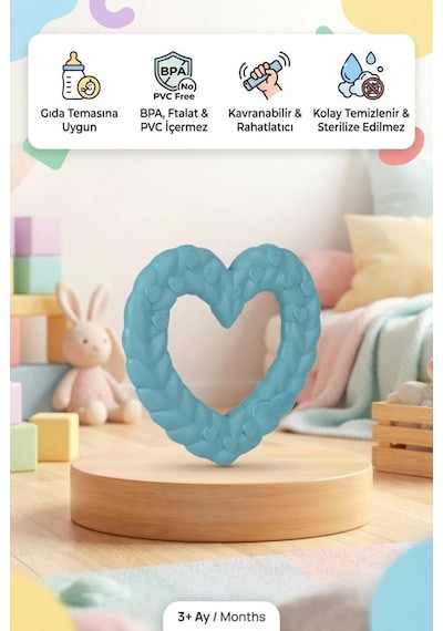 Kalp Şekilli Esnek Bpa İçermeyen Kabartılı Pastel Renkli Oyuncak Bebek Diş Kaşıyıcısı Turkuaz