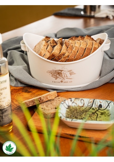 Metal Kayık Ekmeklik, Gondol Ekmeklik, Ekmek Sepeti, Sunumluk Fresh Bread Baskılı - Krem Beyaz
