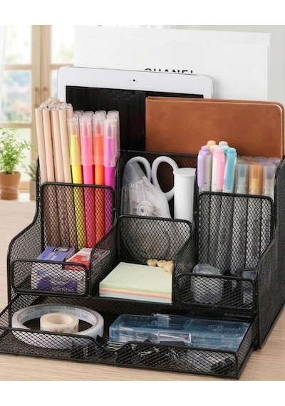 Temel Siyah Metal Mesh Masaüstü Organizer Çekmeceli Çok Bölmeli 25x17x16 Cm 9527b