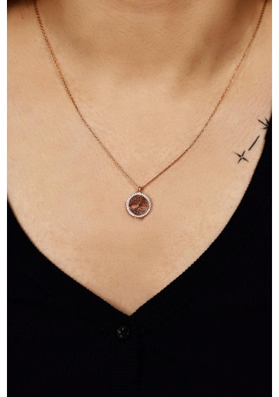 Zirkon Taşlı Rose Yaşam Ağacı Gümüş Kolye
