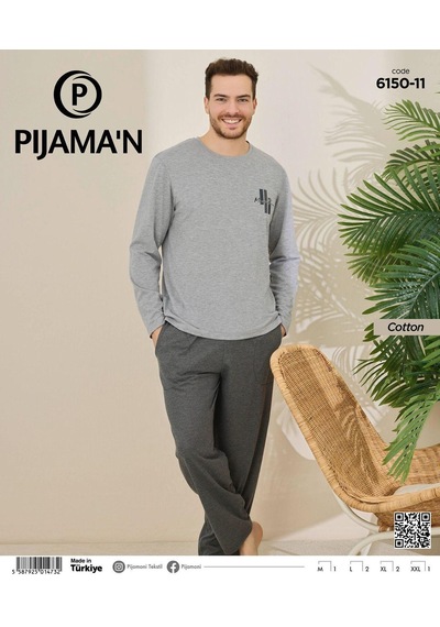 Pijamoni Erkek Pamuklu Bisiklet Yaka Uzun Kol İnce Pijama Takımı 6150/11 - 1 Adet Gri