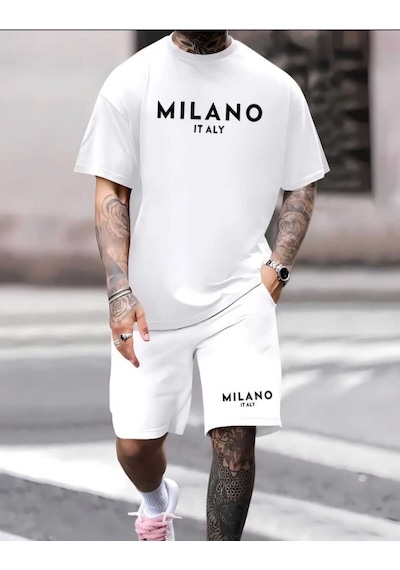 Milano Baskılı Özel Tasarım Oversize Alt Üst Takım Beyaz