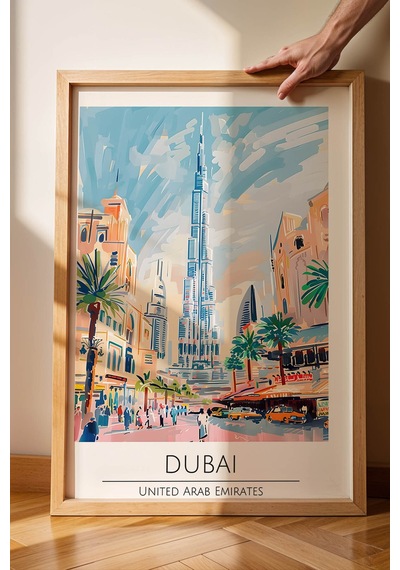 Dubai Temalı Çerçeveli Tablo Travel Serisi Modern İllüstrasyon Bae Şehir Duvar Dekoru Kayın