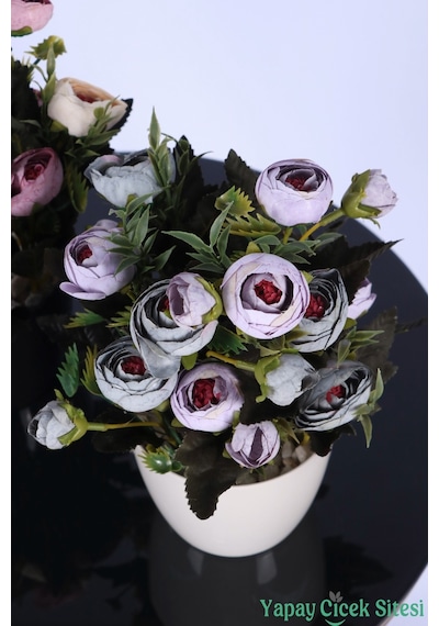 Yapay Çiçek Sitesi Plastik Saksıda Yapay Tomurcuklu Ranunkulus Tanzimi 2'li Set 30 Cm Pembe Krem - Lila