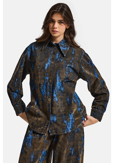 Itsbasic Kadın Kahve Mavi 1s6-15 Oversize Özel Flok Kumaş Tasarım Denim Gömlek