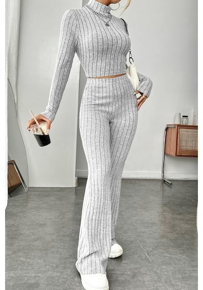 Veraura Lifestyle Kadın Gri Çizgili Boğazlı Crop Top Ve Yüksek Bel Pantolon Takım