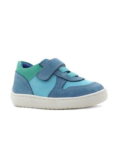 Rakerplus Bob Hakiki Deri Mavi Yeşil Barefoot Cırtlı Lastikli Bebek Sneaker Ayakkabı Mavi
