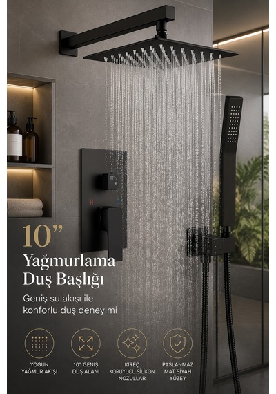 Ankastre Duş Seti Sıva Altı Mat Siyah Gömme Duş Sistemi 10 Yağmurlama Başlıklı 3 Lü Set