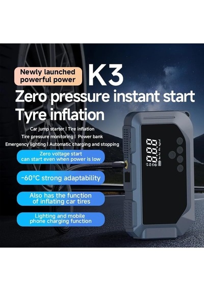 Çok Fonksiyonlu Akü Takviye Cihazı Ve Hava Kompresörü 12v Araç Jump Starter, Dijital Lastik Şişirme, Led Işık & Sos, Powerbank, Taşınabilir Acil Durum Seti K3 Çok Fonksiyonlu Akü Takviye Cihazı Ve Hava Kompresörü 12v Araç Jump Starter, Dijital Lastik Şişirme, Led Işık & Sos, Powerbank, Taşınabilir Acil Durum Seti K3