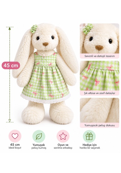 45 Cm Elbiseli Peluş Tavşan Oyuncak Yeşil Elbiseli Açık Yeşil