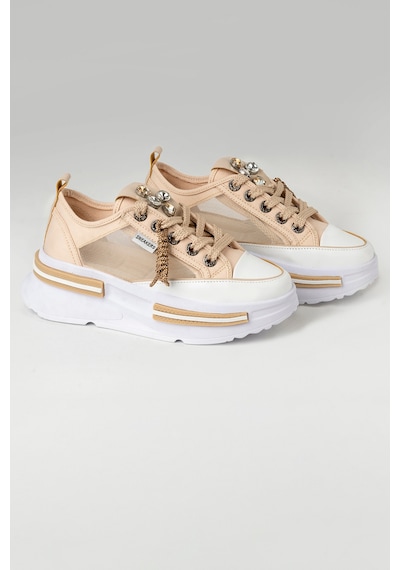 Tw Tonny White Tokyo - 172 Tül Detaylı Keten Sneakers Topuk Boyu 5cm Bej
