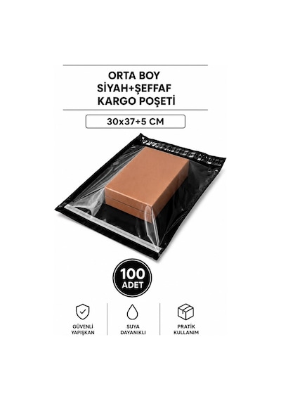 Orta Boy Siyah Şeffaf Kargo Poşeti 30x37+5 Cm 100 Adet