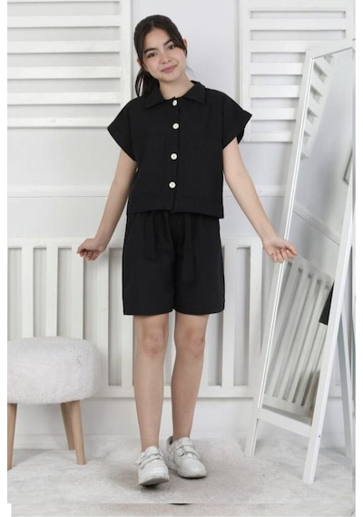My Kids Wear Keten Kız Çocuk Alt Üst Takım Siyah