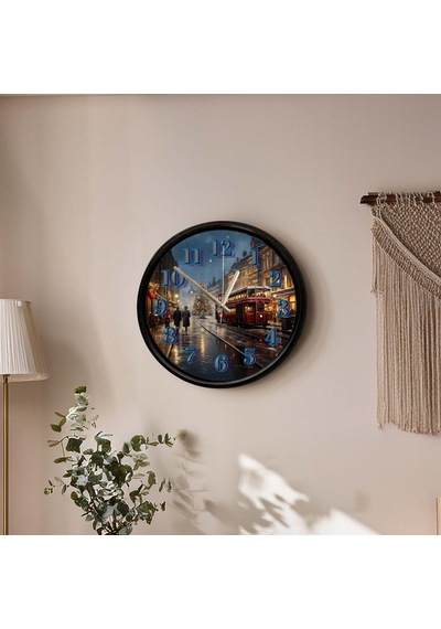 Nostaljik Tramvay Ve Yılbaşı Şehri Tasarımlı Dekoratif Duvar Saati 28 Cm Sessiz Mekanizma Çok Renkli