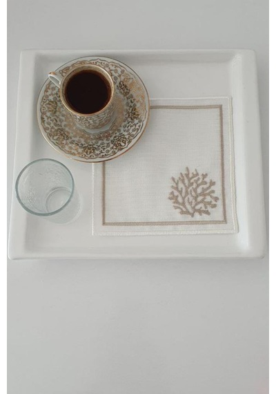 Kar Tanesi Nakışlı Kare Bardak Altlığı Seti 6 Lı Kahve Kahverengi