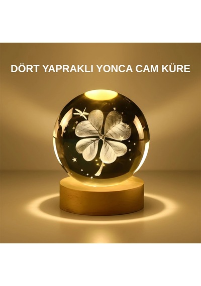 Dekoratif Yonca Görünümlü Işıklı Kristal Cam Küre Usb Masa Gece Lambası Çok Renkli