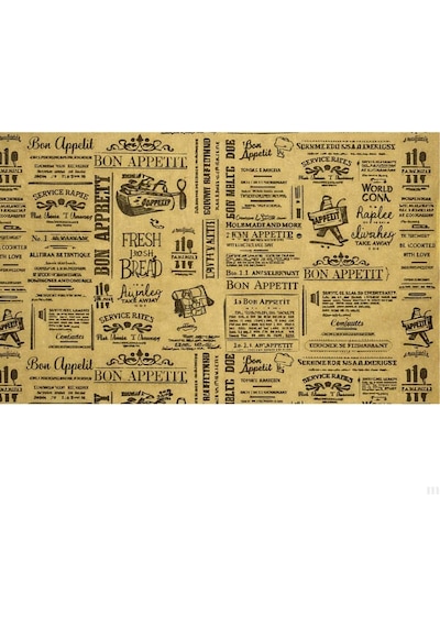 Bon Appetit Desenli Sunum Kağıdı, Vintage Gazete Stili, Kraft Görünümlü, 25x35 Cm, Tek Kullanımlık, Restoran Ve